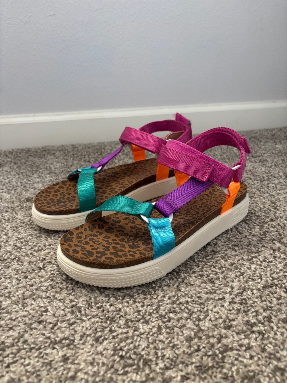 wonder nation Teal, Purple & Pink Kids Sandals with Leopard Footbed